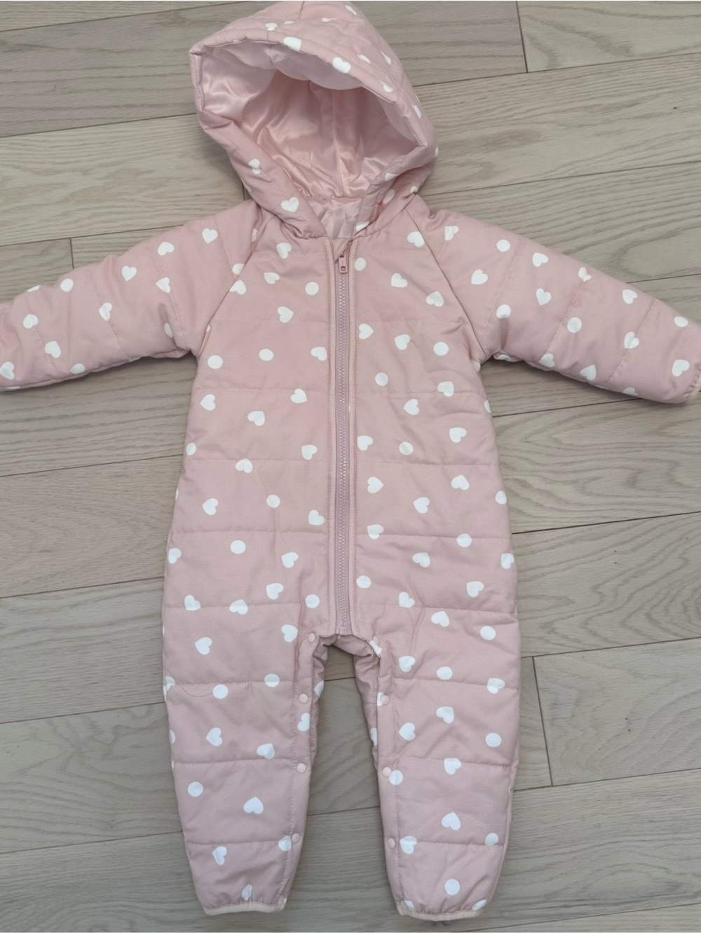 SHEIN Pink Heart-Print Hooded One-Piece Snowsuit for Kids 18-24 month